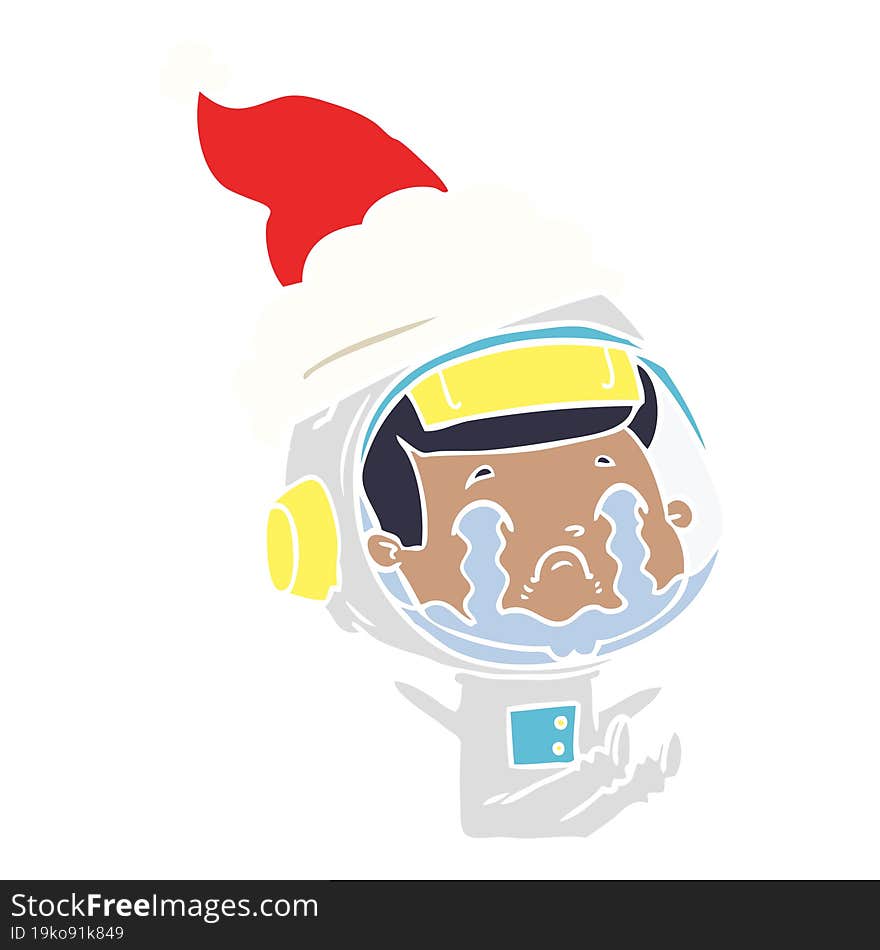 flat color illustration of a crying astronaut wearing santa hat