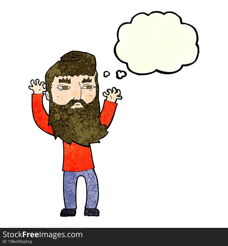 cartoon bearded man waving arms with thought bubble