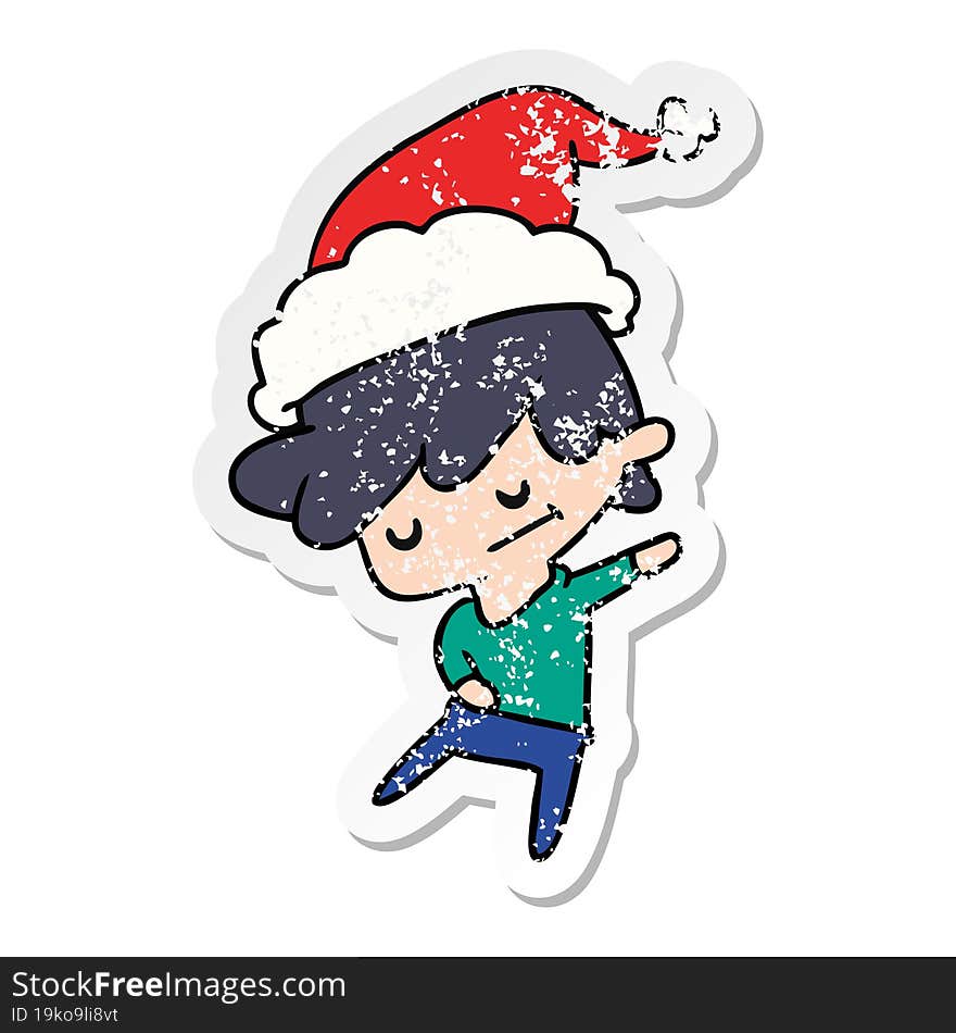 hand drawn christmas distressed sticker cartoon of kawaii boy