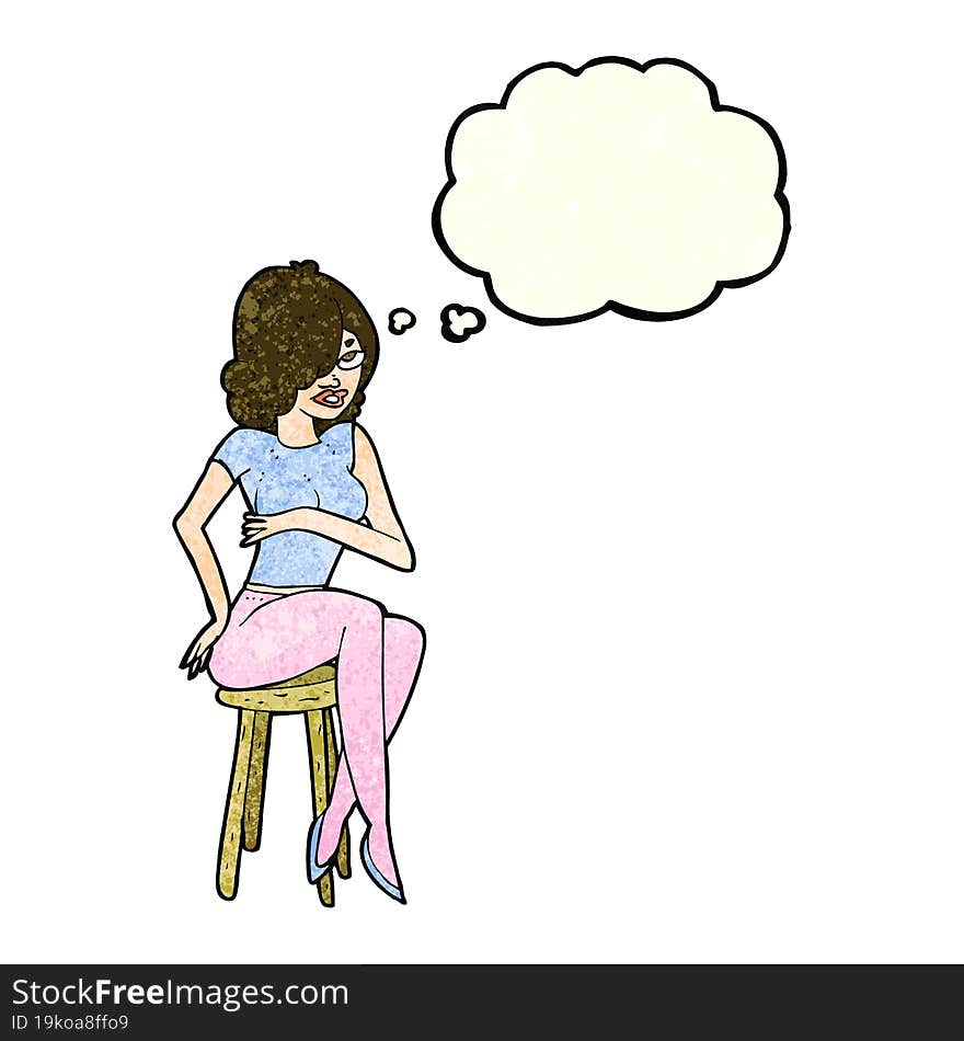 cartoon woman sitting on bar stool with thought bubble