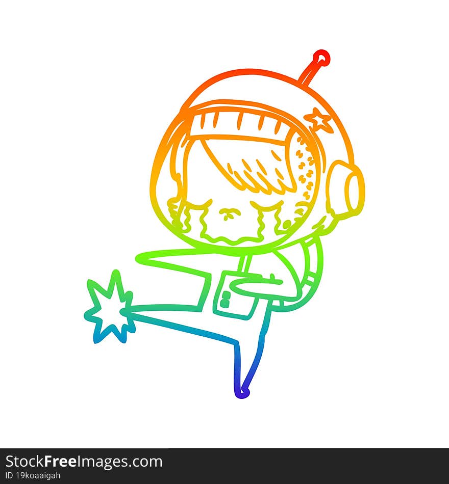 rainbow gradient line drawing of a cartoon crying astronaut girl kicking