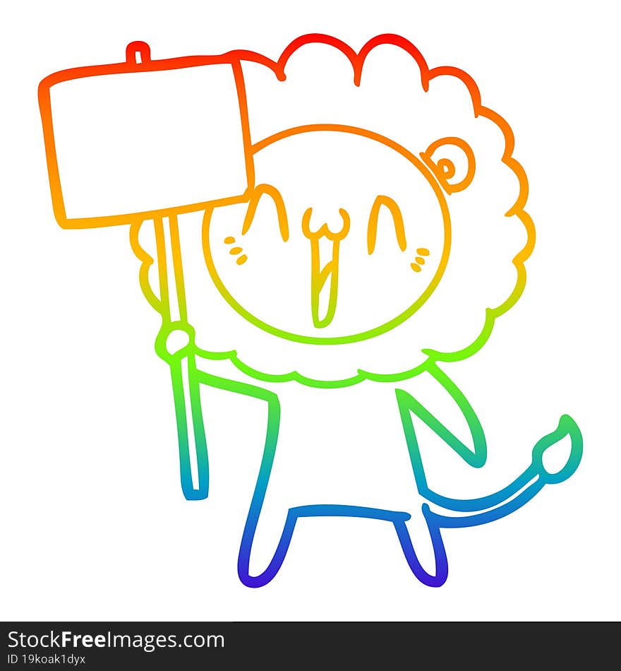 rainbow gradient line drawing of a happy cartoon lion