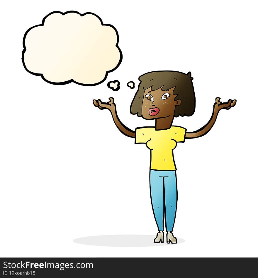 cartoon woman holding up hands with thought bubble