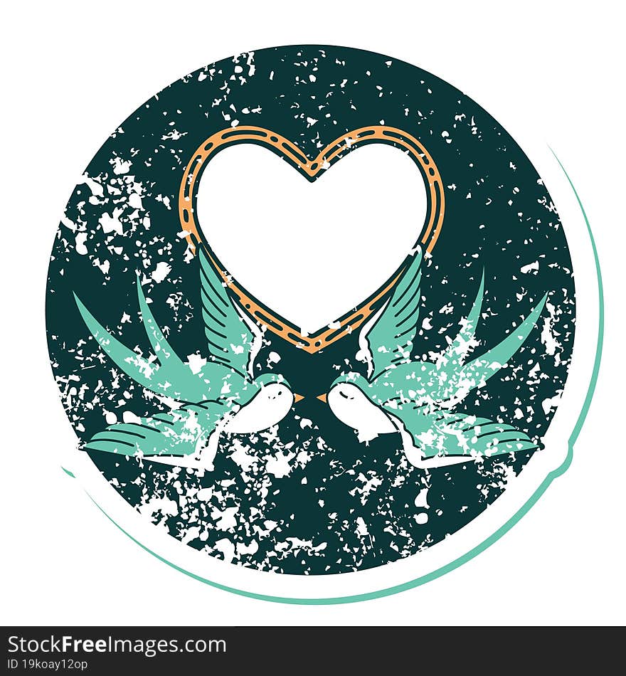 iconic distressed sticker tattoo style image of swallows and a heart. iconic distressed sticker tattoo style image of swallows and a heart