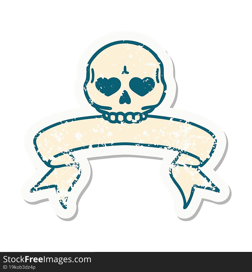 grunge sticker with banner of a skull