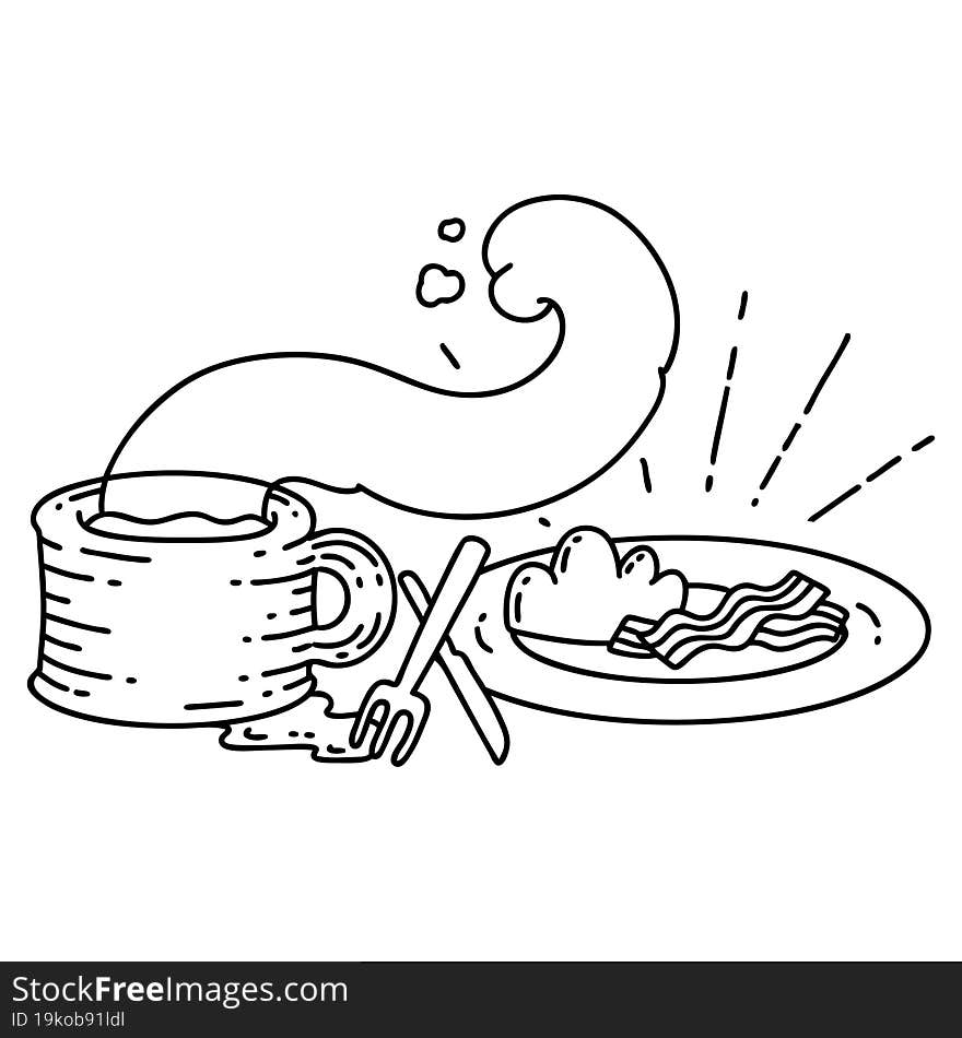 illustration of a traditional black line work tattoo style breakfast and coffee