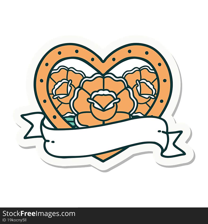 sticker of tattoo in traditional style of a heart and banner with flowers. sticker of tattoo in traditional style of a heart and banner with flowers