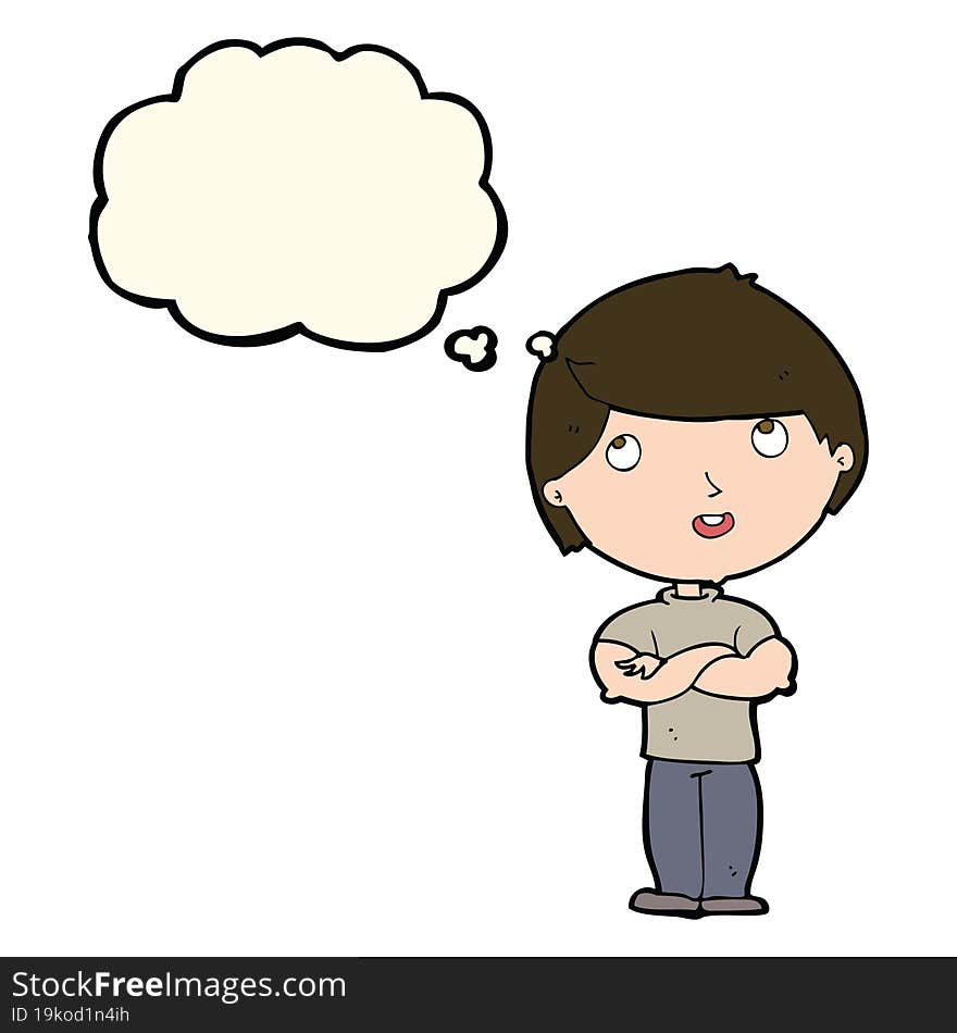 Cartoon Happy Man With Folded Arm With Thought Bubble