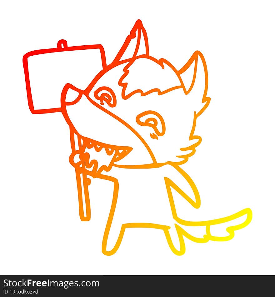 warm gradient line drawing cartoon hungry wolf with sign post