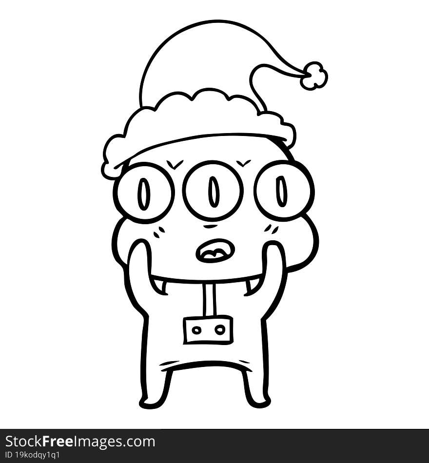 Line Drawing Of A Three Eyed Alien Wearing Santa Hat