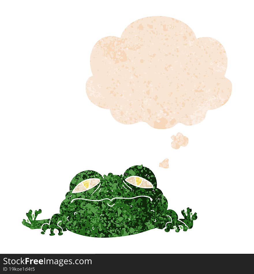 cartoon ugly frog and thought bubble in retro textured style