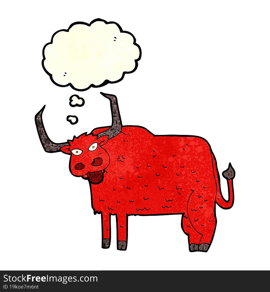 cartoon hairy cow with thought bubble