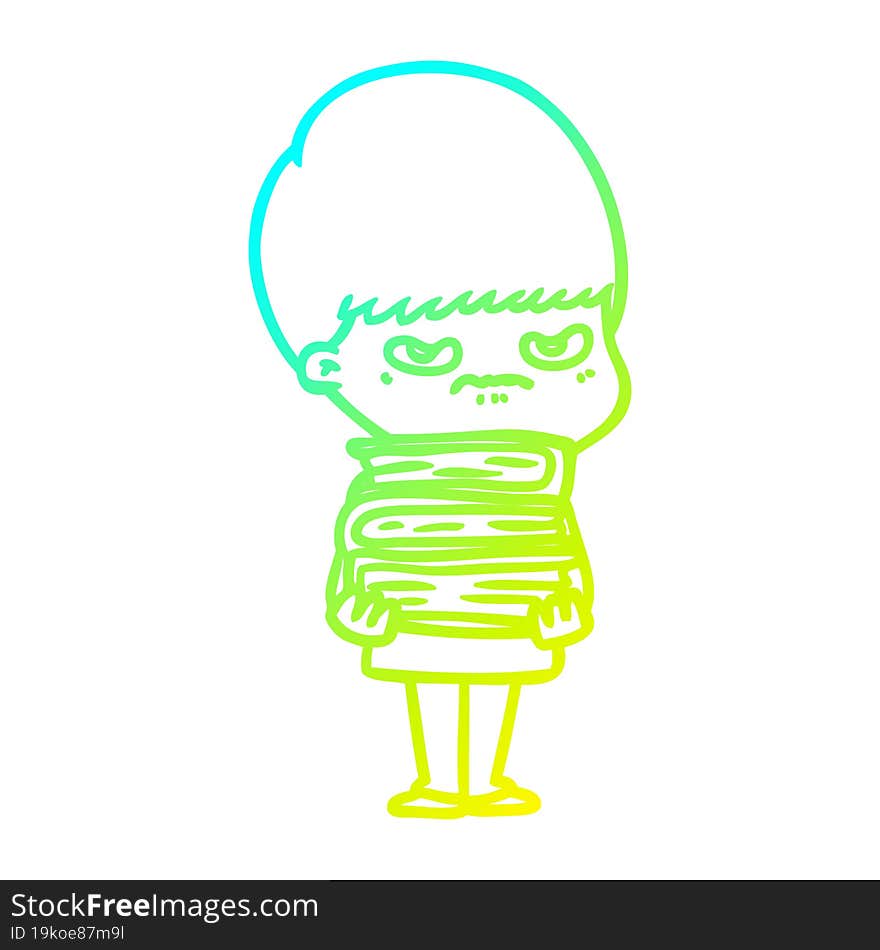 cold gradient line drawing angry cartoon boy with books