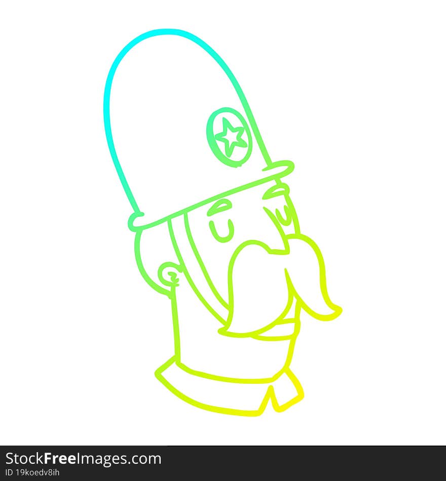 cold gradient line drawing of a cartoon policeman with mustache