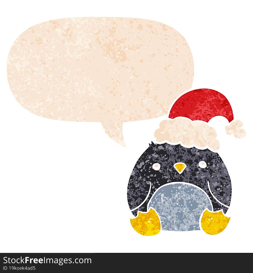 Cute Cartoon Penguin Wearing Christmas Hat And Speech Bubble In Retro Textured Style