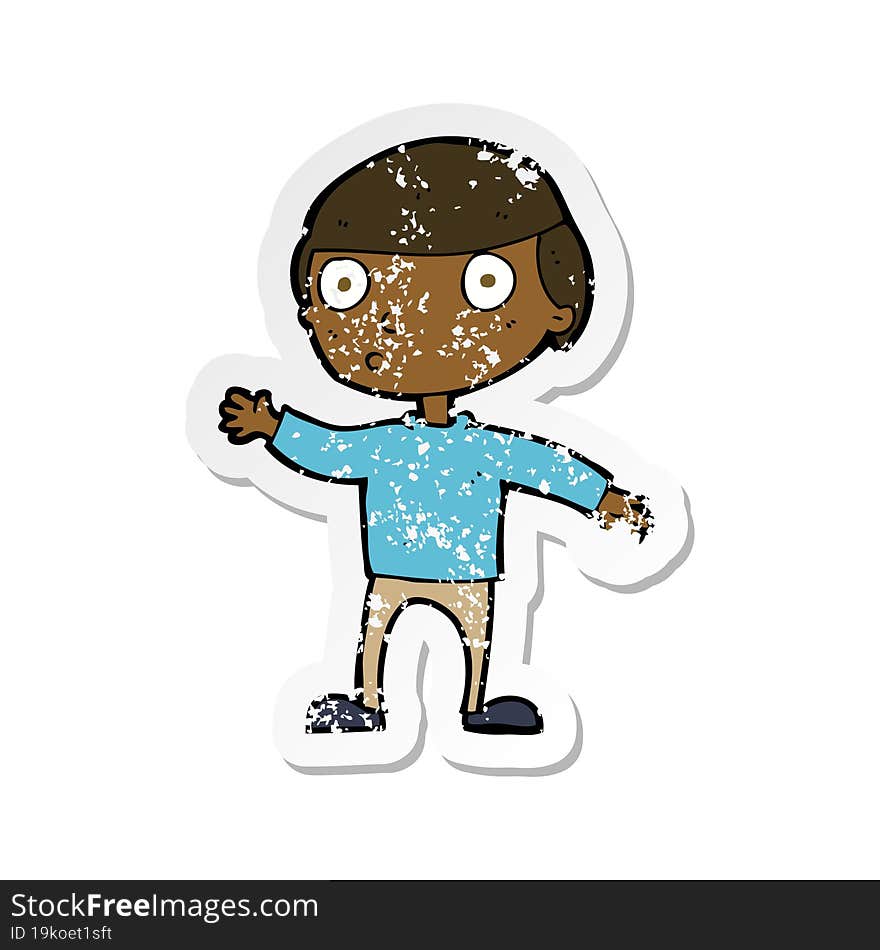 retro distressed sticker of a cartoon waving man