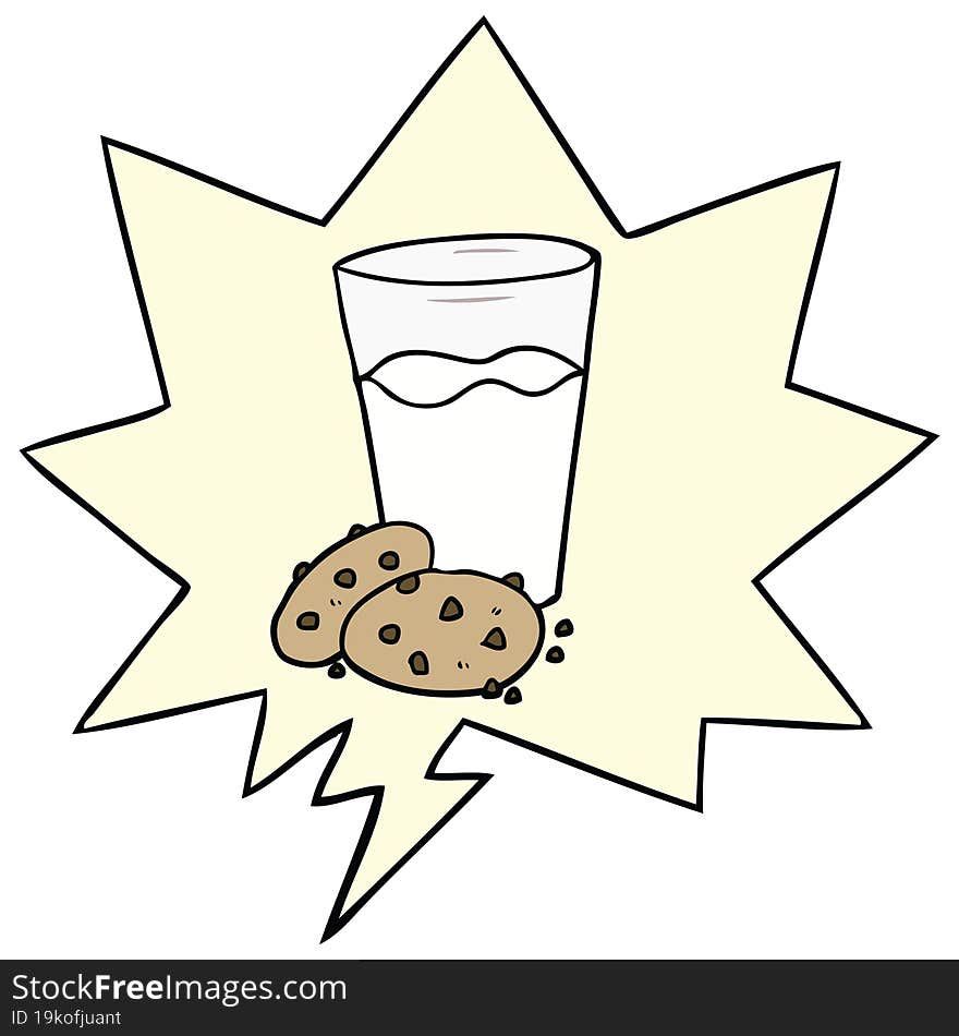 cartoon cookies and milk and speech bubble