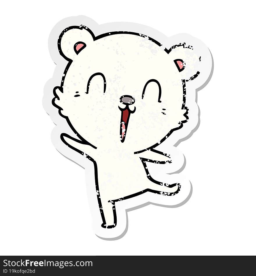 distressed sticker of a happy cartoon polar bear dancing