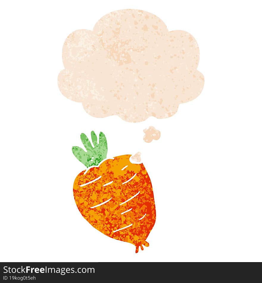 cartoon root vegetable and thought bubble in retro textured style