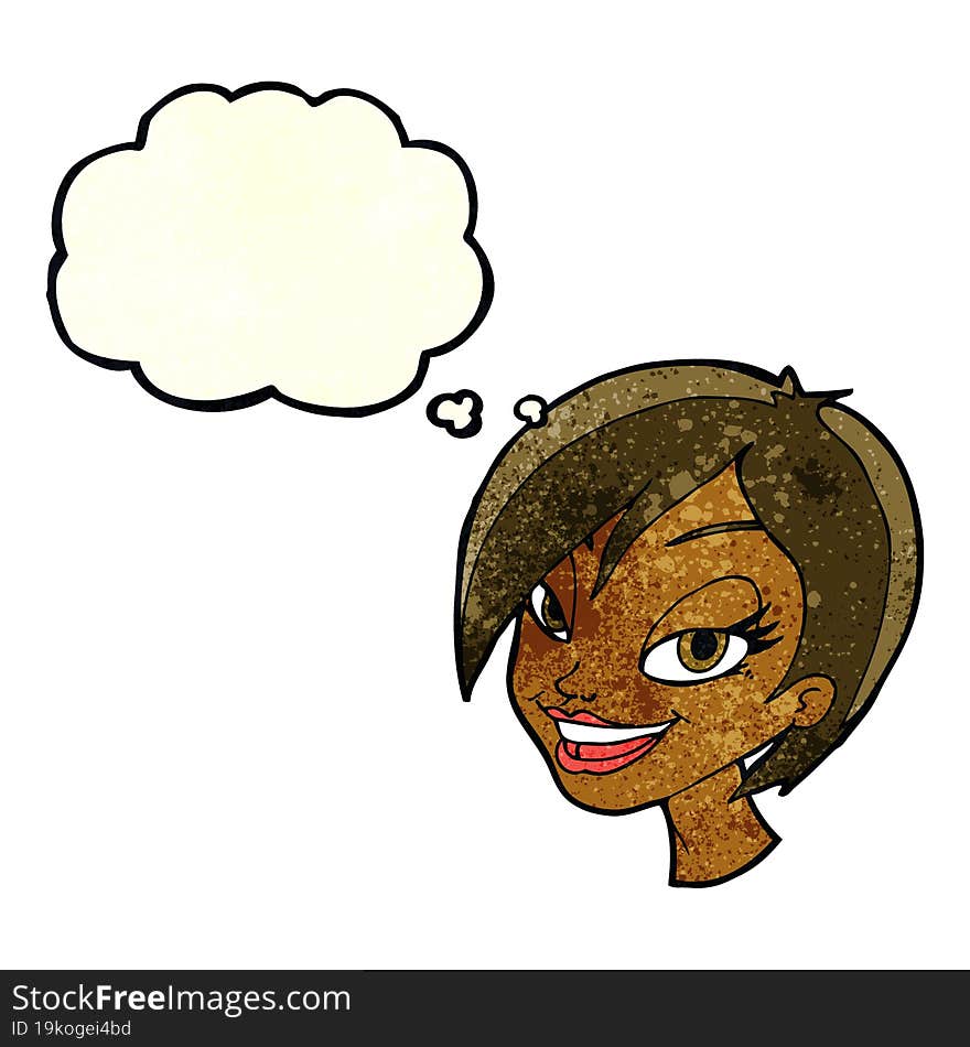 cartoon pretty female face with thought bubble