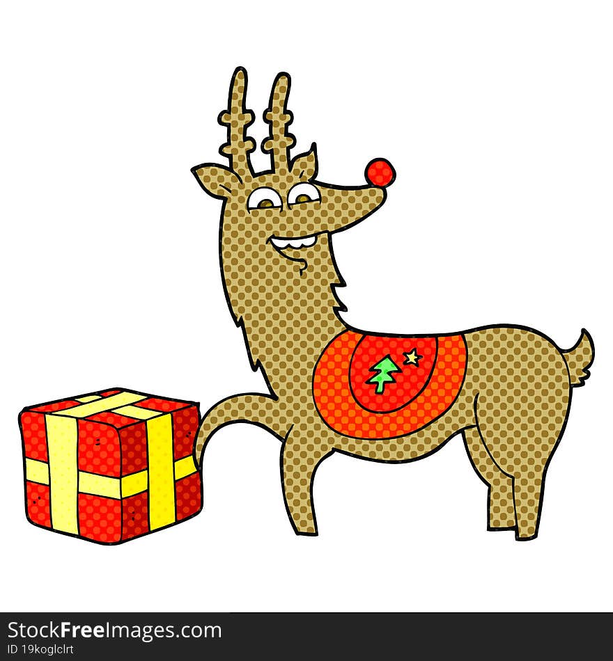 freehand drawn cartoon christmas reindeer with present