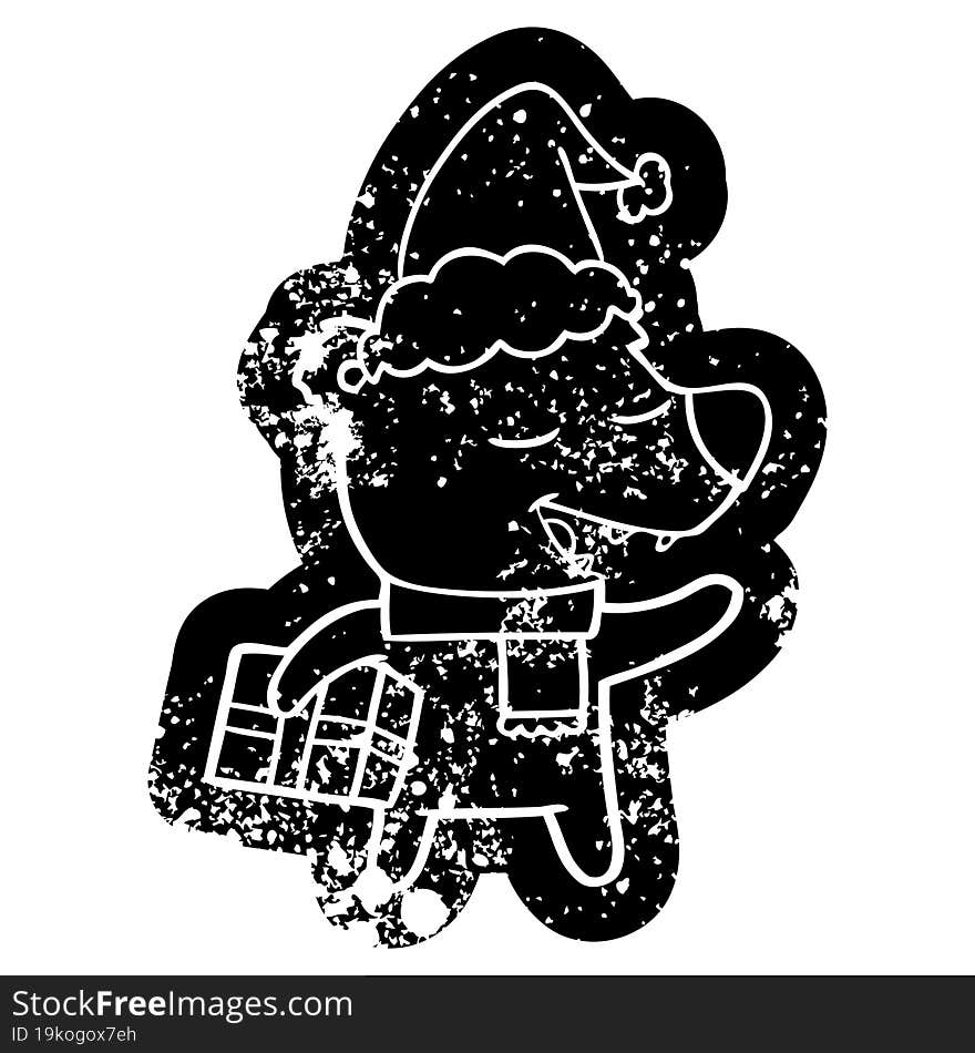 quirky cartoon distressed icon of a bear with present wearing santa hat