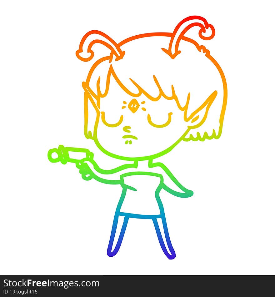 rainbow gradient line drawing of a cartoon alien girl