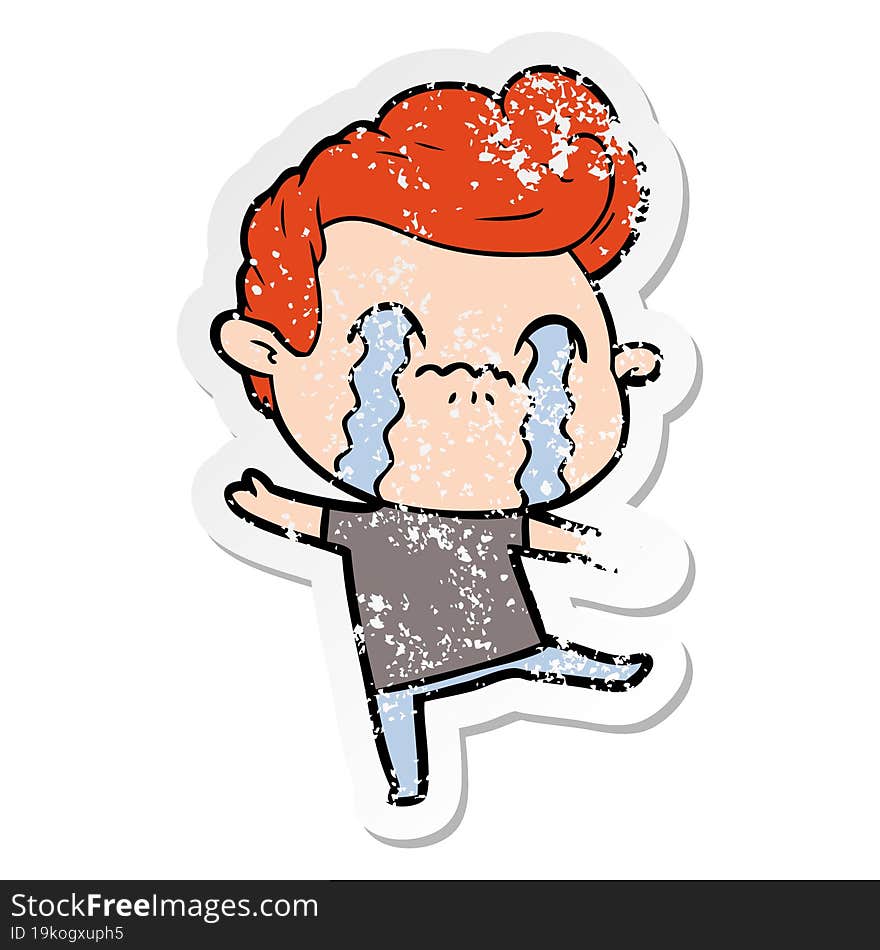 distressed sticker of a cartoon man crying