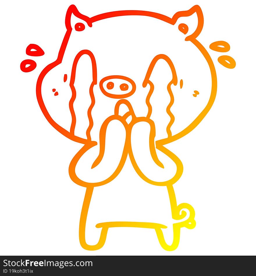 warm gradient line drawing of a crying pig cartoon