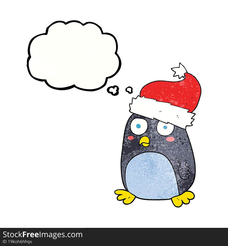 thought bubble textured cartoon penguin in christmas hat