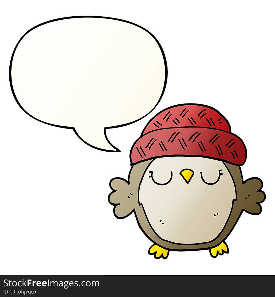 cute cartoon owl in hat and speech bubble in smooth gradient style