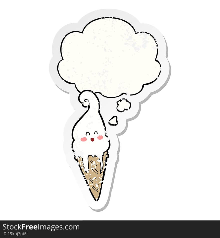 Cartoon Ice Cream And Thought Bubble As A Distressed Worn Sticker