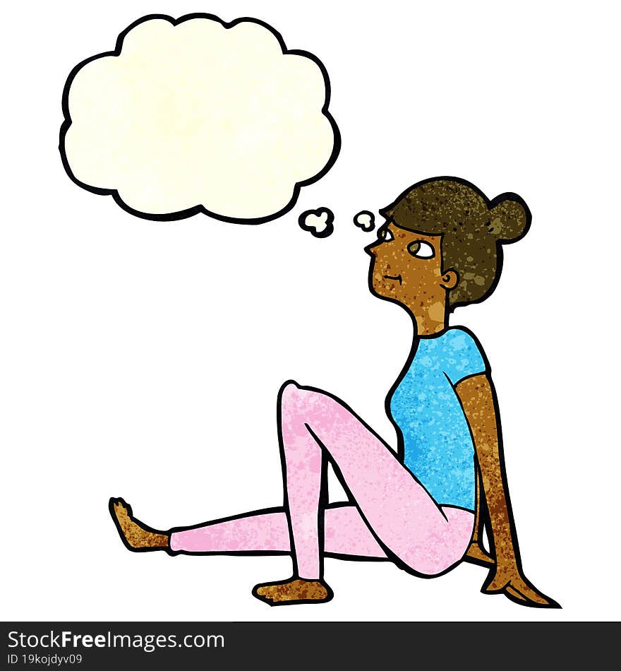 cartoon woman sitting with thought bubble