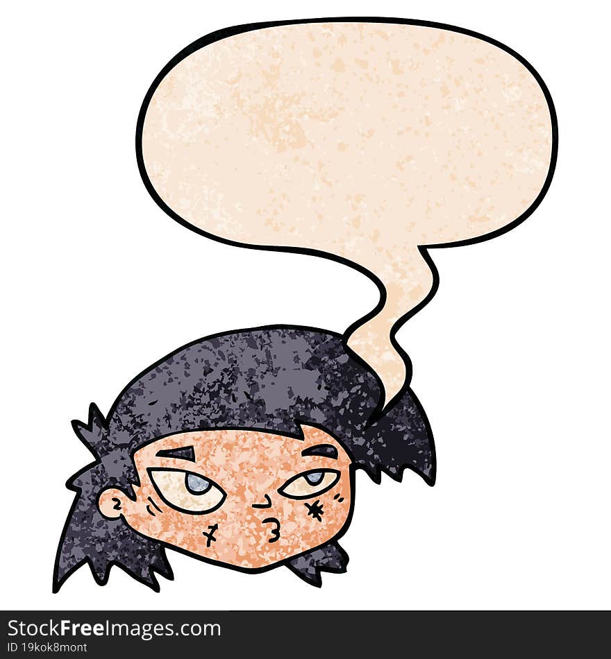 cartoon scratched up face with speech bubble in retro texture style