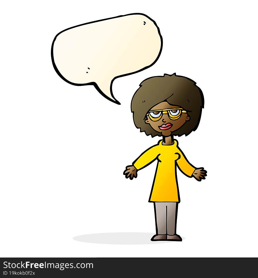 cartoon woman wearing glasses with speech bubble