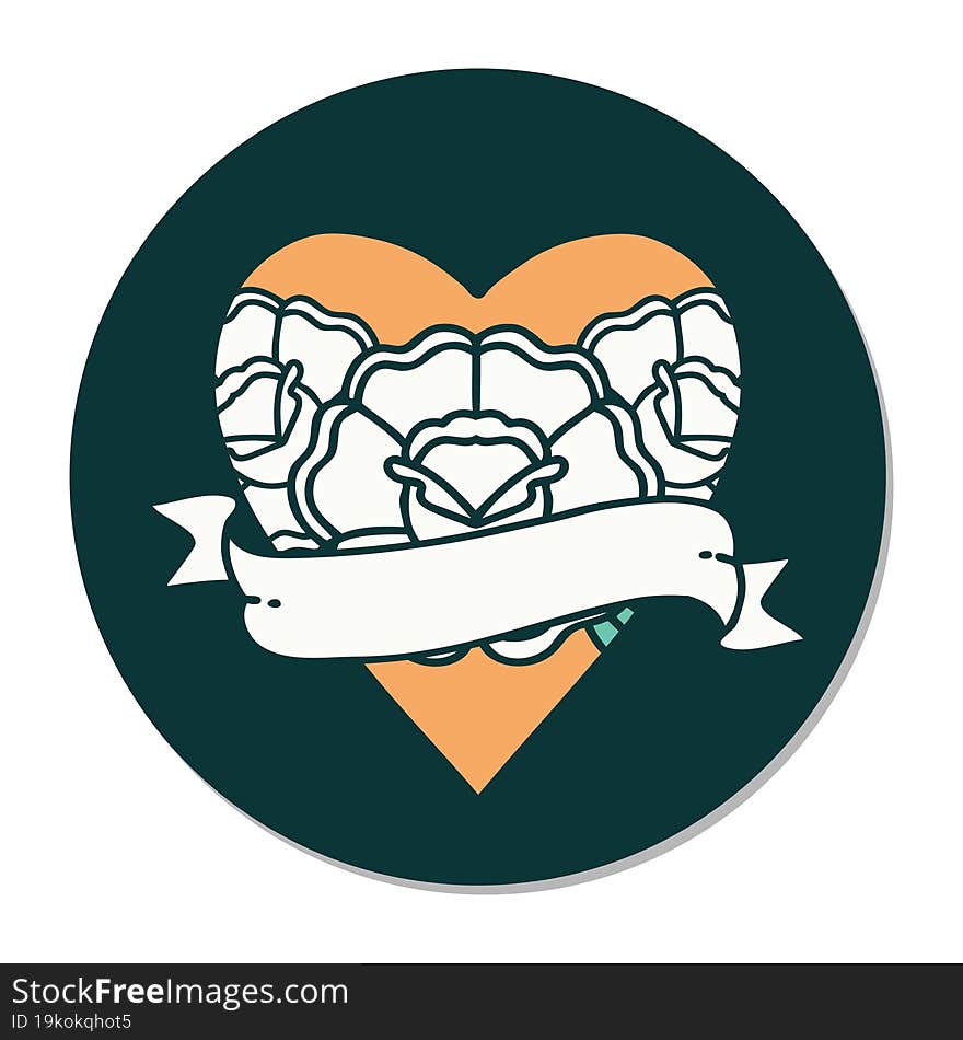 sticker of tattoo in traditional style of a heart and banner with flowers. sticker of tattoo in traditional style of a heart and banner with flowers