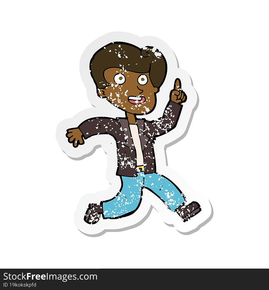 retro distressed sticker of a cartoon man with great idea