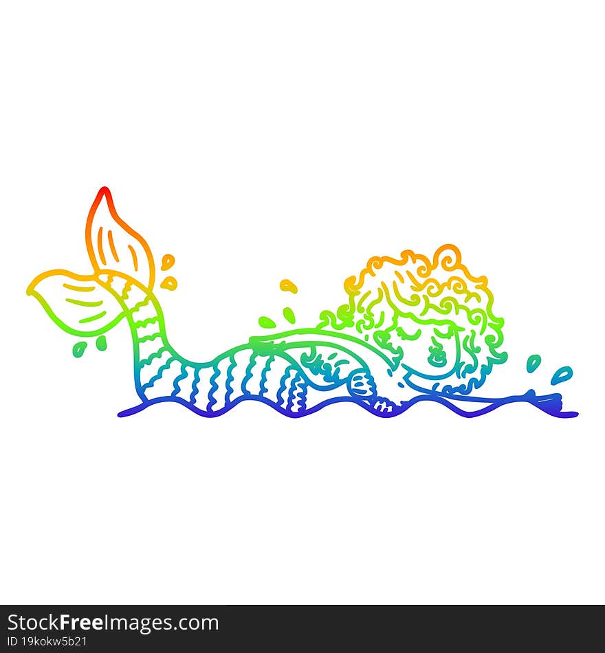 rainbow gradient line drawing of a cartoon mermaid