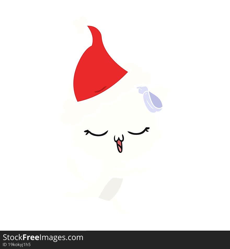 Flat Color Illustration Of A Cat With Bow On Head Wearing Santa Hat