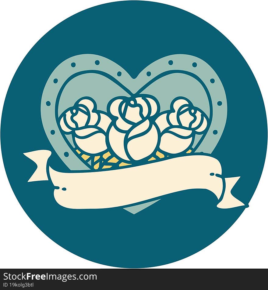 tattoo style icon of a heart and banner with flowers