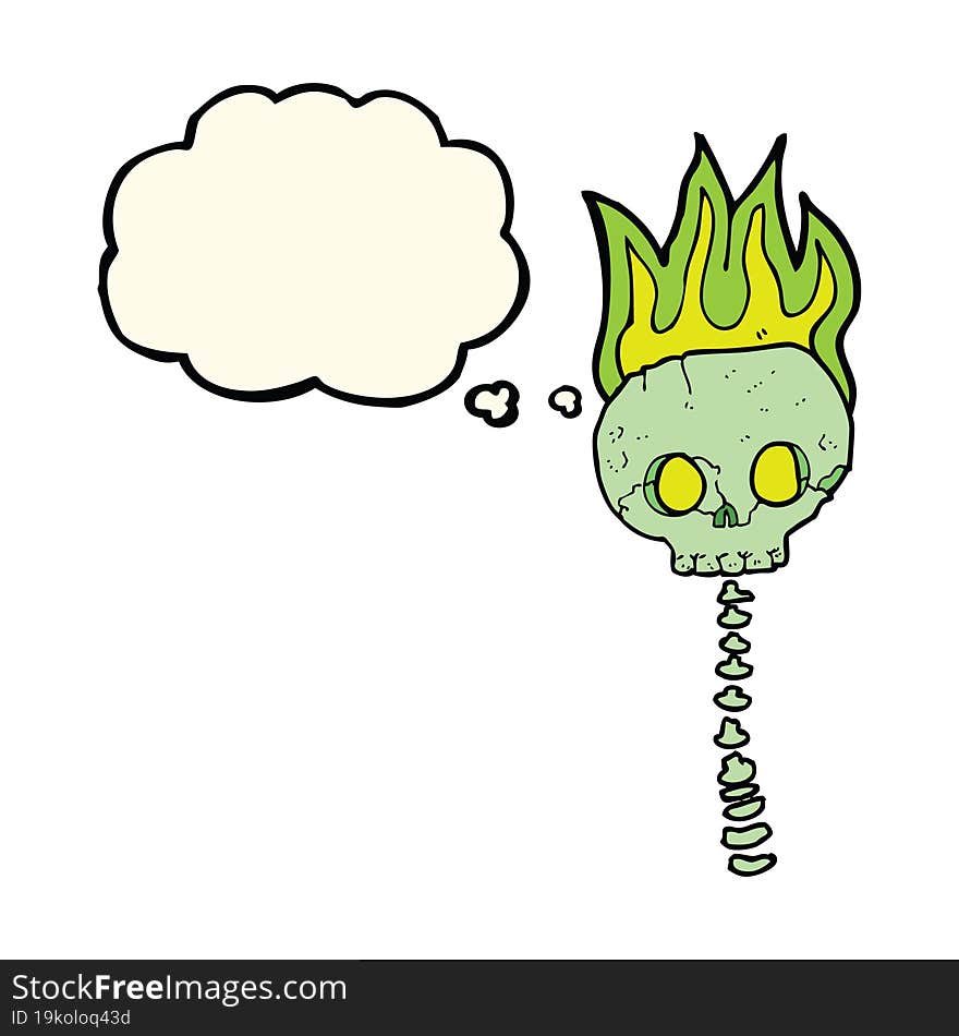 cartoon spooky skull and spine with thought bubble