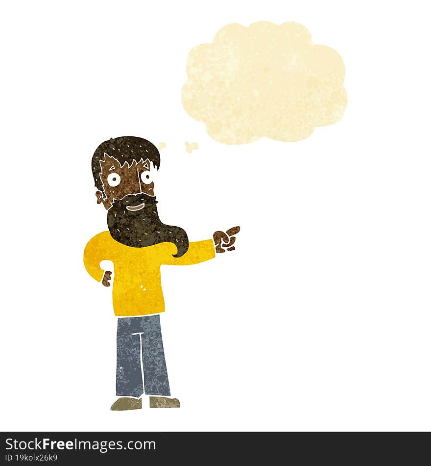 cartoon man with beard pointing with thought bubble