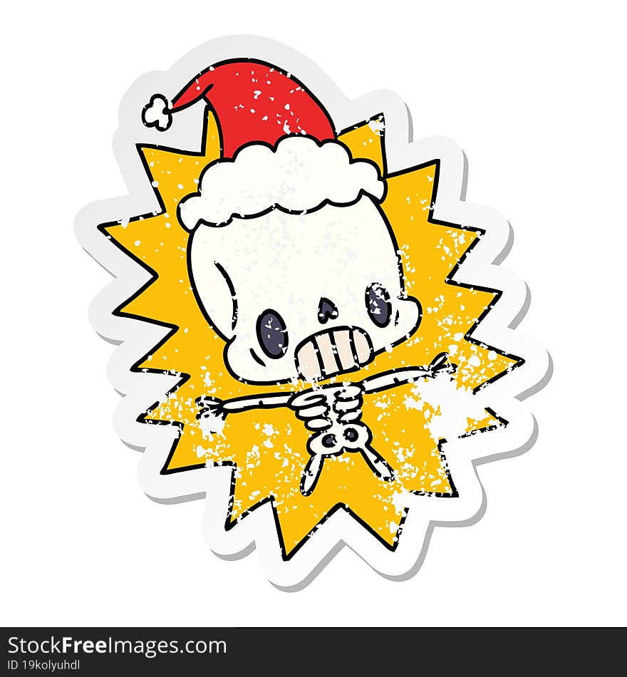 christmas distressed sticker cartoon of kawaii skeleton