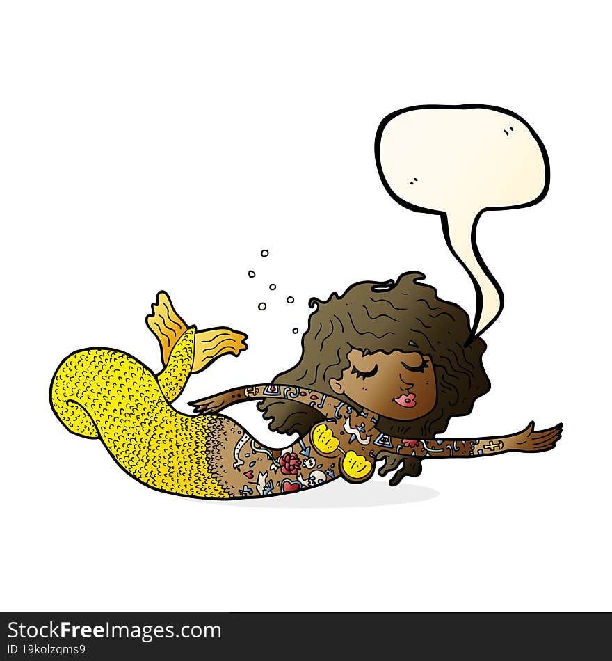 cartoon mermaid covered in tattoos with speech bubble