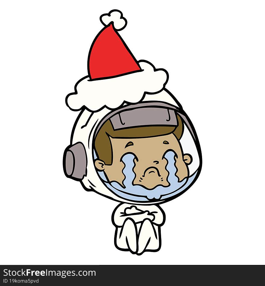 line drawing of a crying astronaut wearing santa hat