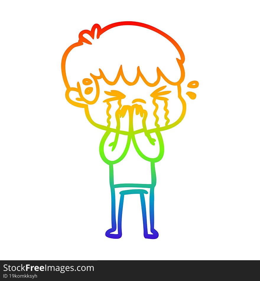 rainbow gradient line drawing of a cartoon boy crying