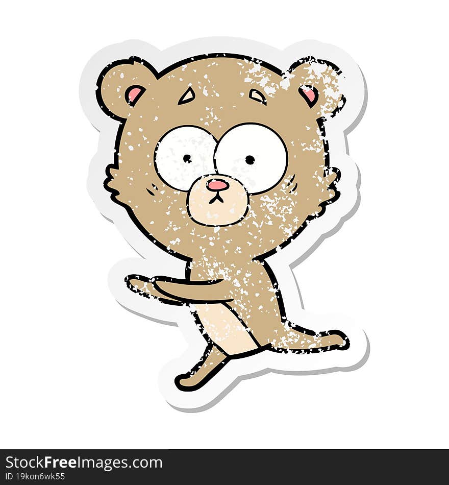 distressed sticker of a worried bear cartoon