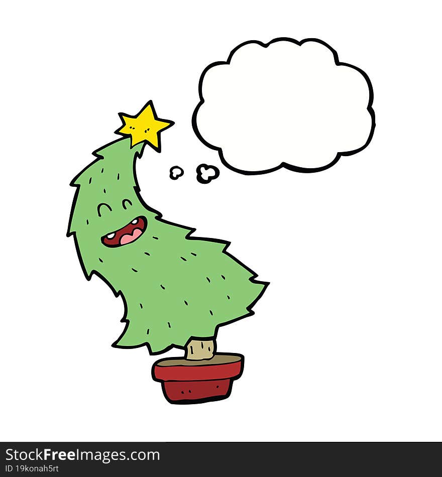 cartoon dancing christmas tree with thought bubble