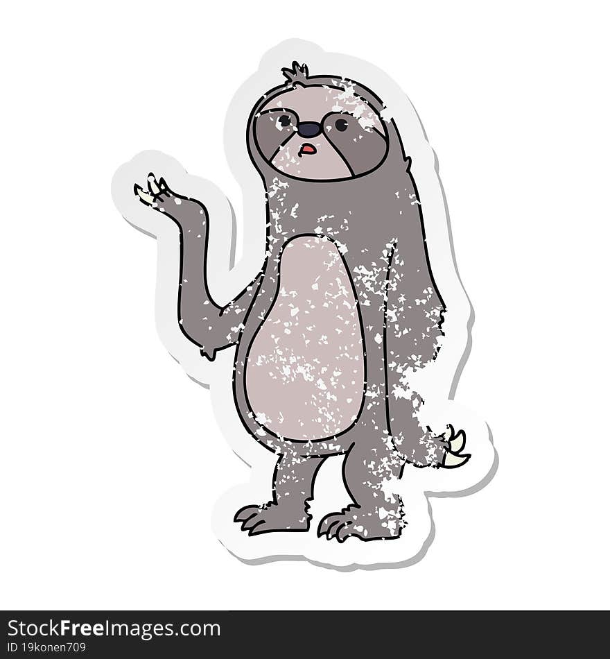 distressed sticker of a quirky hand drawn cartoon sloth