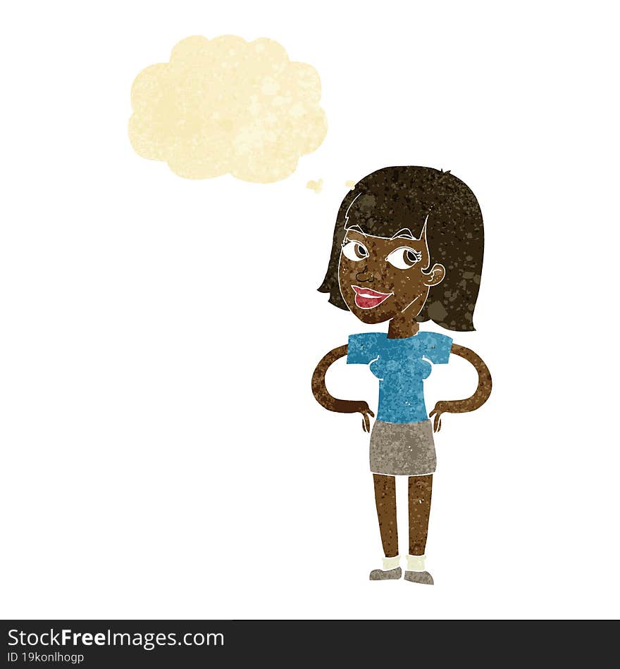 cartoon happy woman with hands on hips with thought bubble